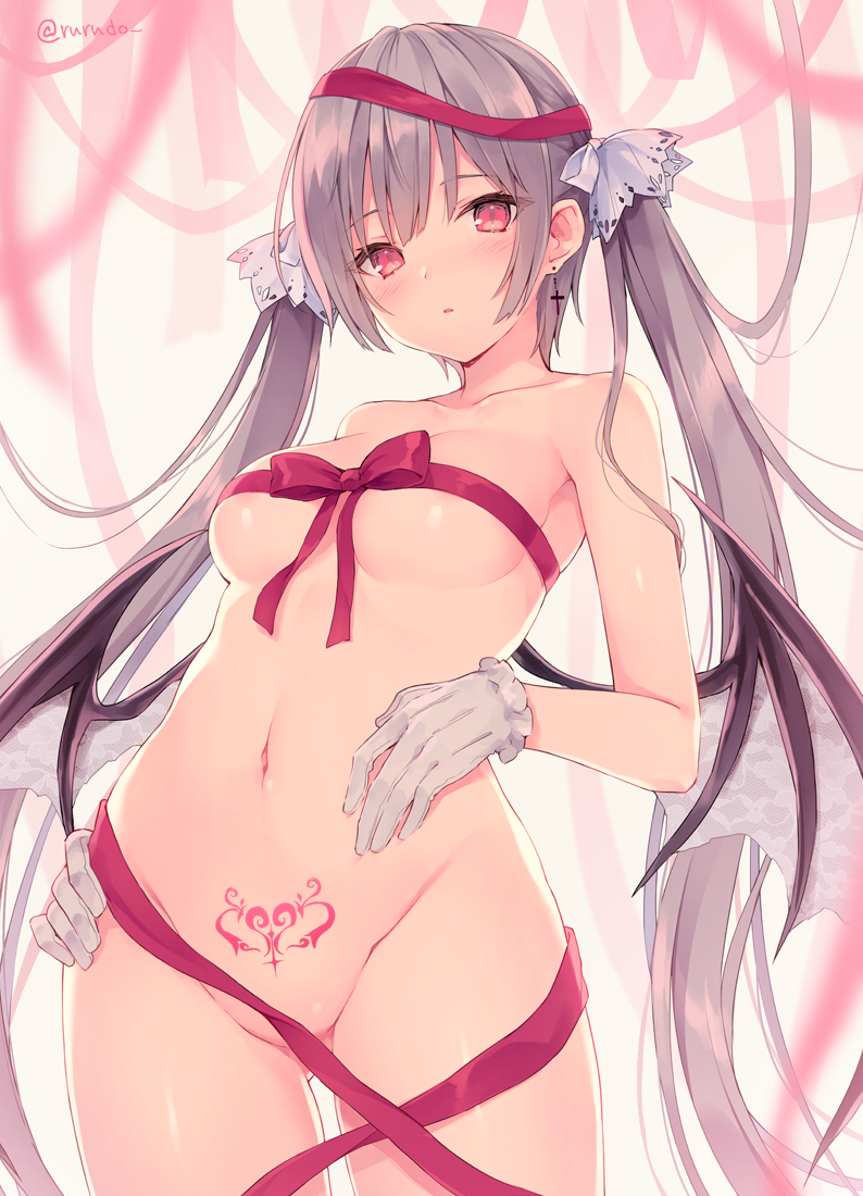 ...naked_ribbon navel original parted_lips pink_eyes pubic_tattoo purple_ha...