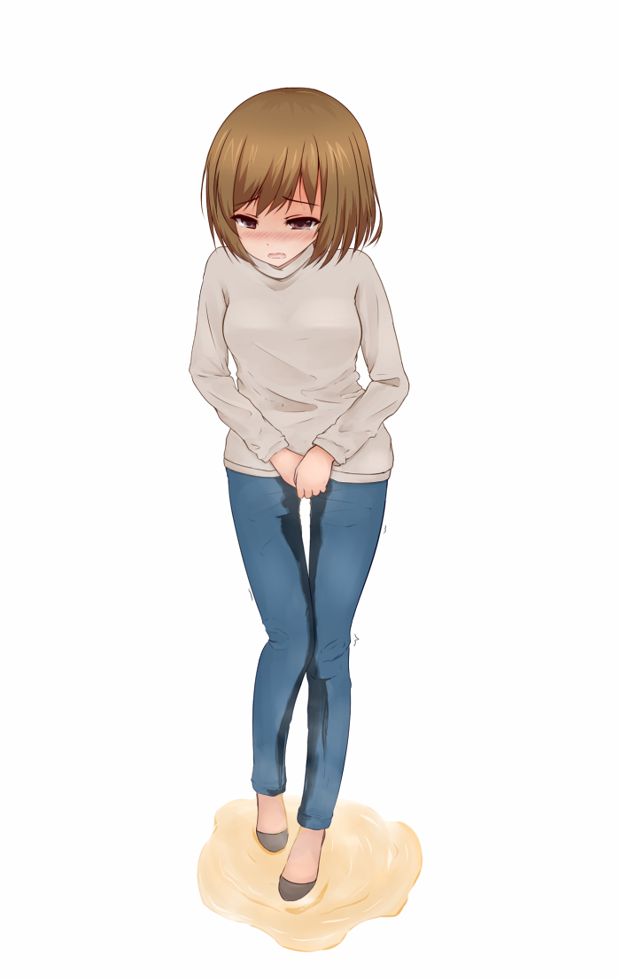 hands_together have_to_pee long_sleeves medium_breasts open_mouth original pants...