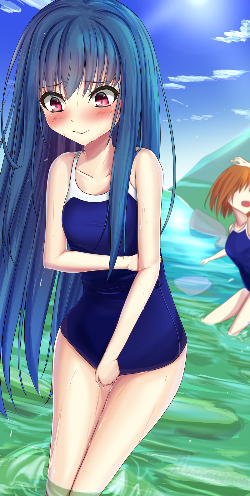 blue_sky blue_swimsuit blush breasts cloud collarbone commentary_request co...