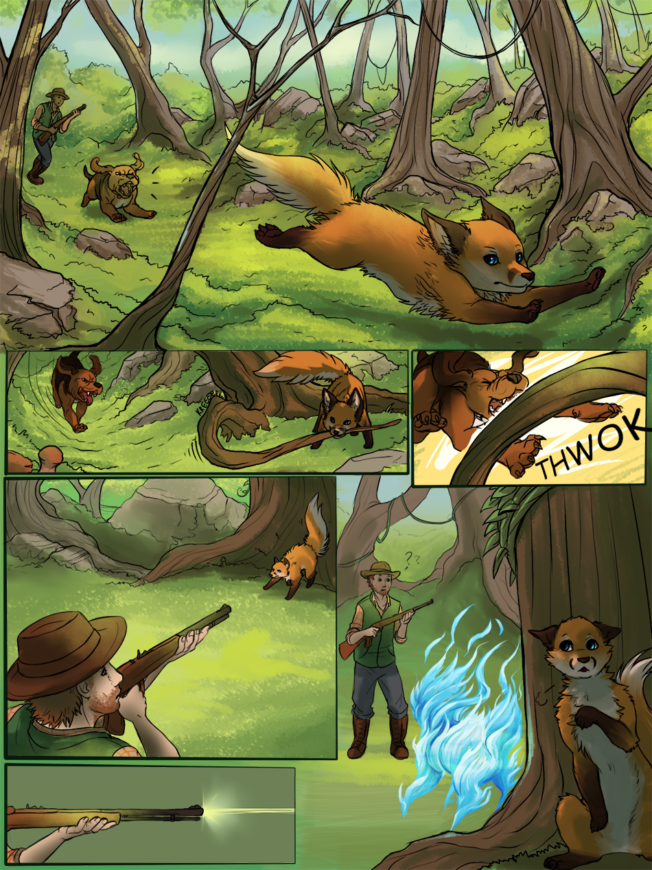 ambiguous_gender bloodhound canine comic dog forest fox gun human hunting m...