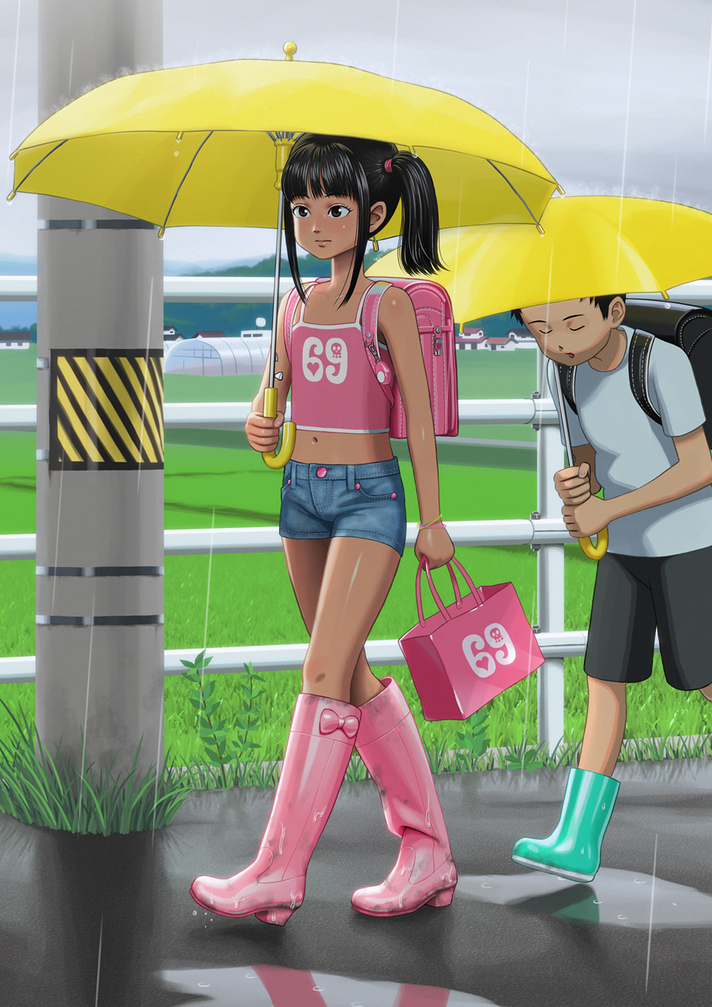 The Big Imageboard Tbib 1girl 69 Backpack Bag Bare Arms Bare Legs Bare Shoulders Black Hair