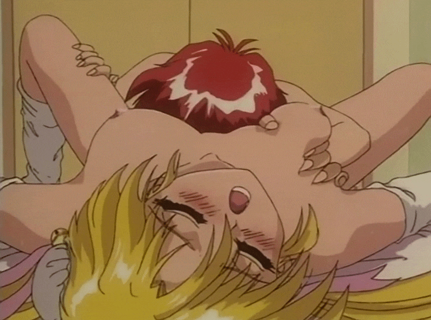 2girls 90s animated animated_gif bed bell blonde_hair blush breast_grab bre...