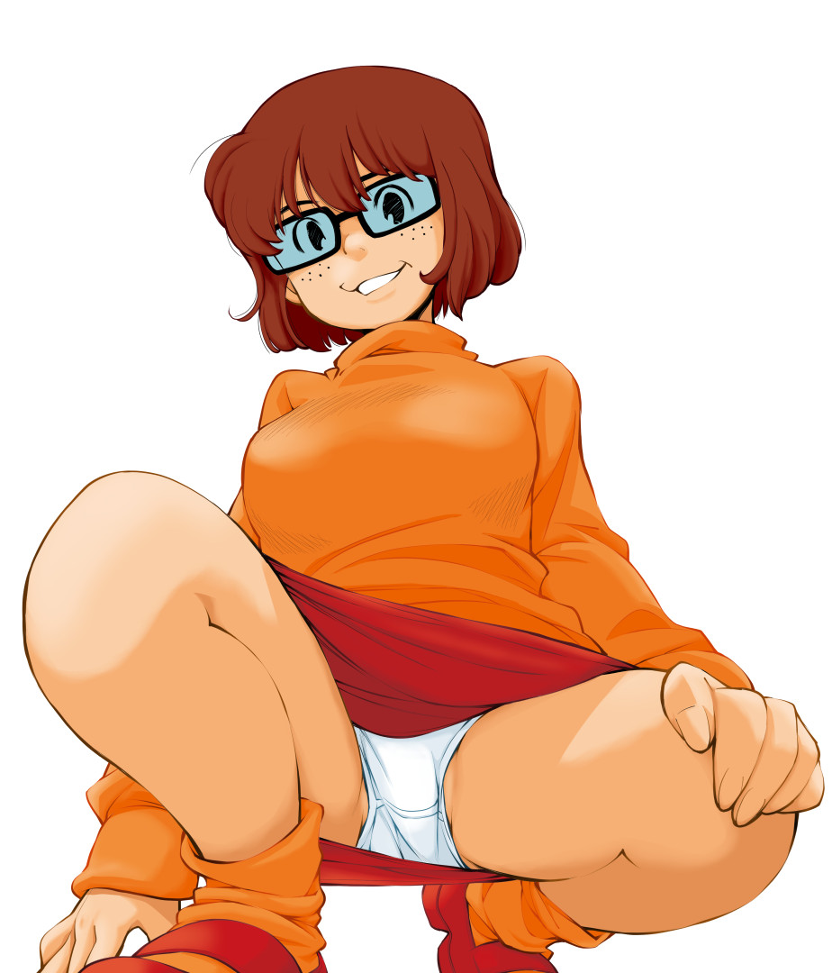 ...scooby-doo short_hair simple_background skirt smile solo squatting sweat...