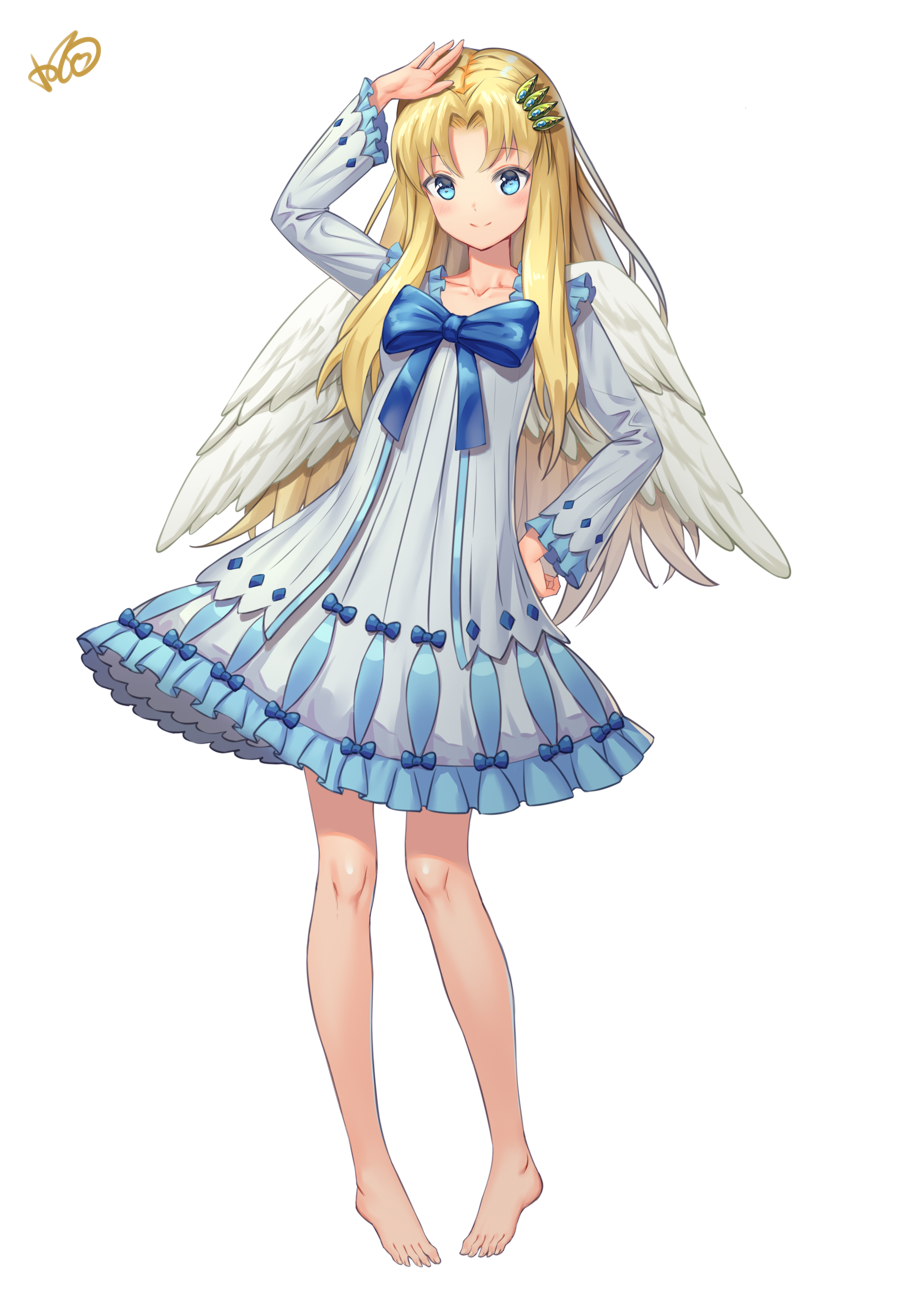 The Big Imageboard Tbib 1girl Absurdres Angel Wings Arm Up Barefoot Blonde Hair Blue Eyes