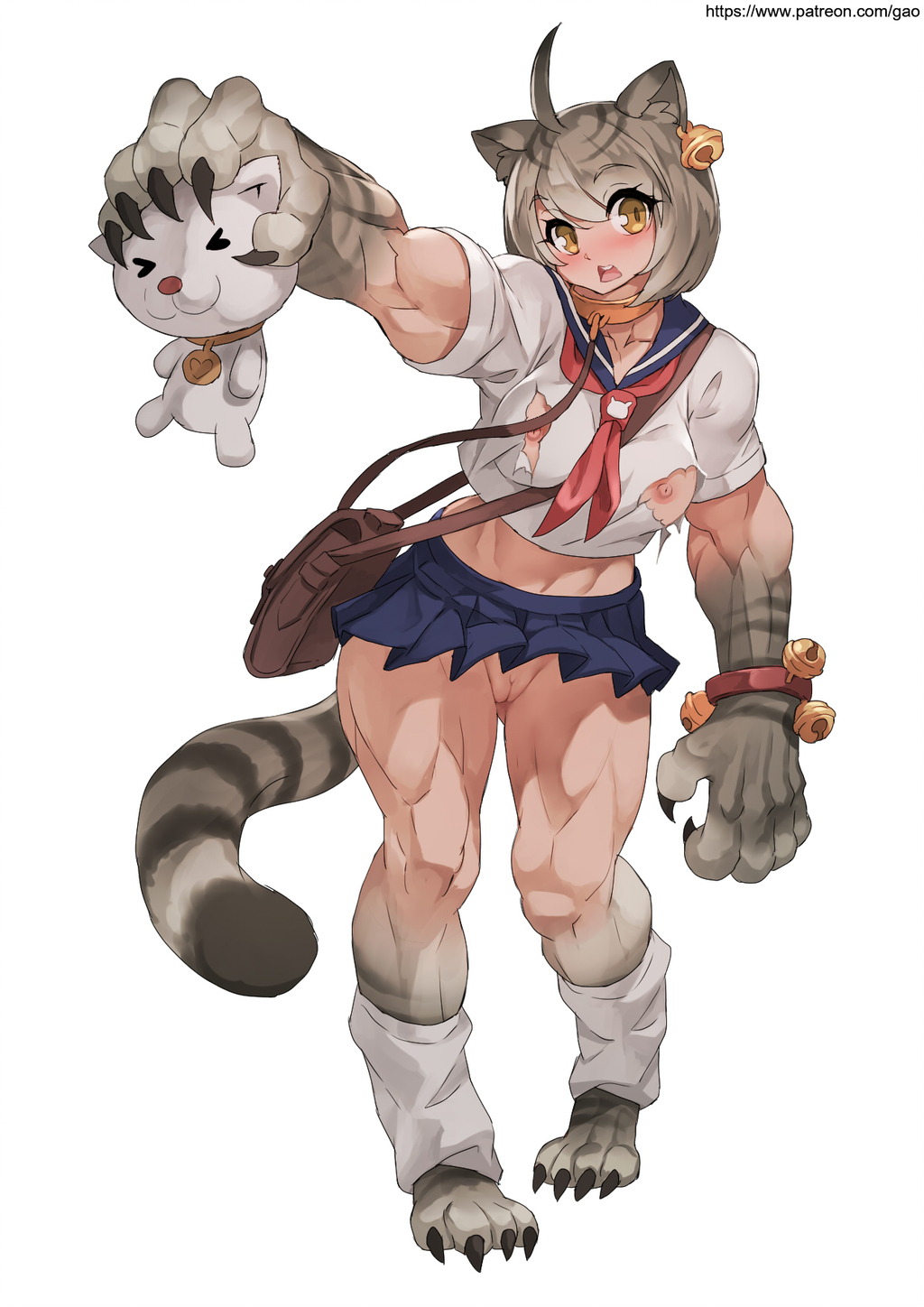 ...breasts brown_eyes cat cat_ears cat_tail claws collar crop_top earrings ...