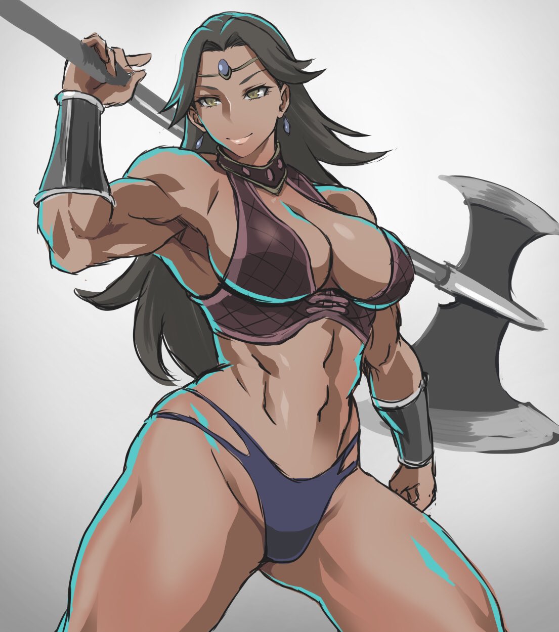 ...highres holding holding_axe holding_weapon large_breasts long_hair muscl...