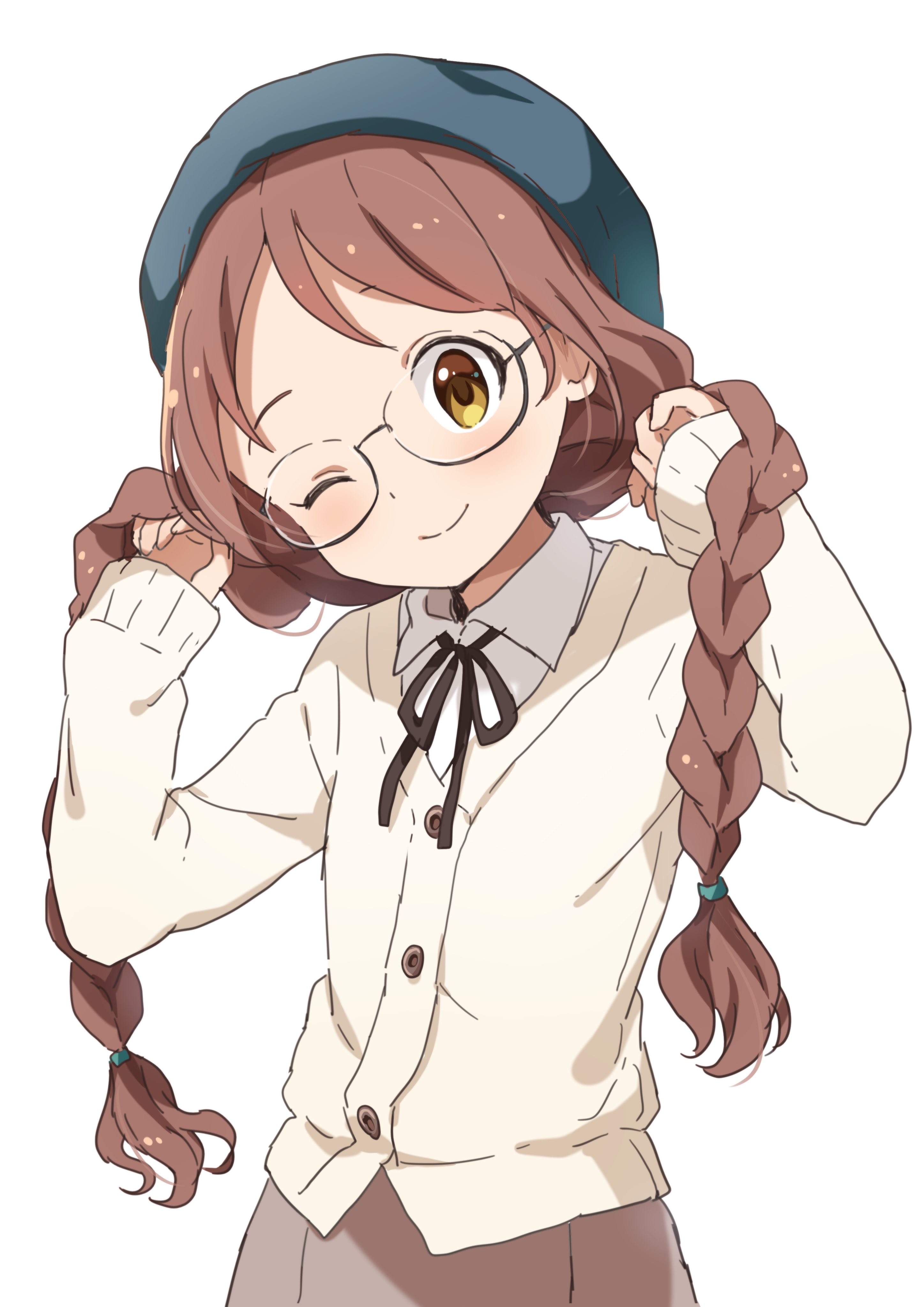 The Big Imageboard Tbib 1girl Absurdres Adjusting Hair Blue Headwear Blush Braid Brown Eyes