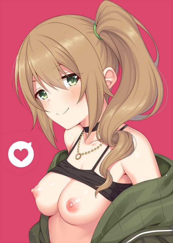 1girl bangs bare_shoulders black_camisole blush breasts breasts_outside bro...
