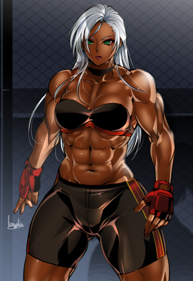 ...dark_skin fence fingerless_gloves gloves green_eyes medium_breasts midri...