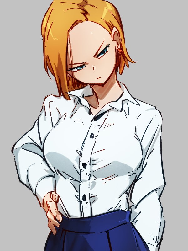 The Big Imageboard Tbib 1girl Alternate Costume Android 18 Blonde Hair Blue Eyes Blue Pants