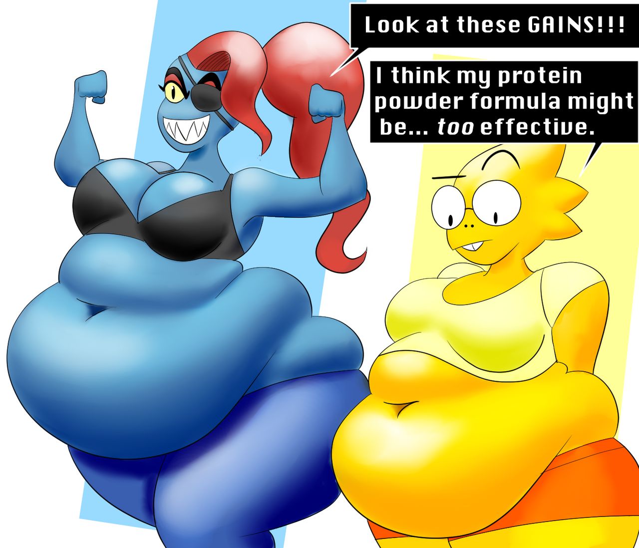 alphys anthro belly belly_overhang big_belly big_breasts blue_body blue_sca...