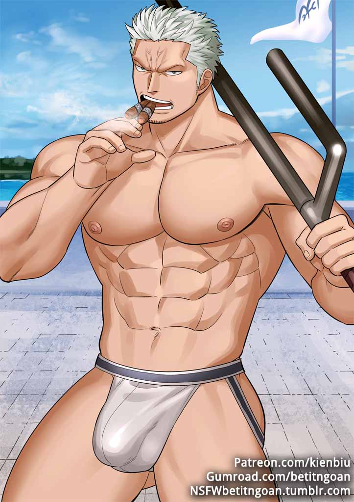 ...male_focus muscle navel nipples one_piece over_shoulder pants short_hair...