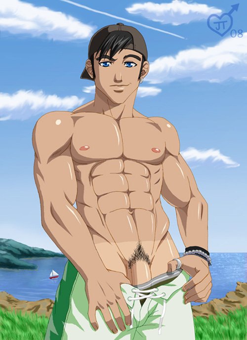 1boy abs black_hair blue_eyes hat male male_focus muscle nature outdoors pe...