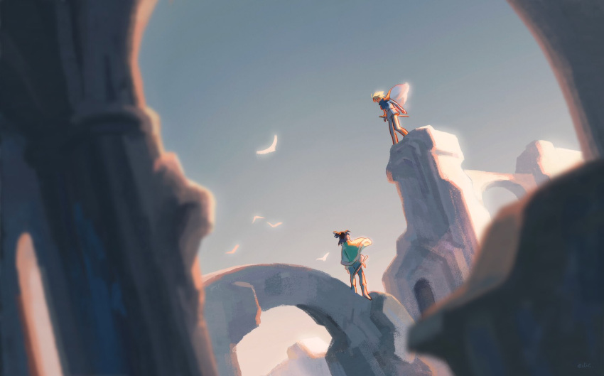 The Big ImageBoard (TBIB) 2boys arch black hair blonde hair blue sky