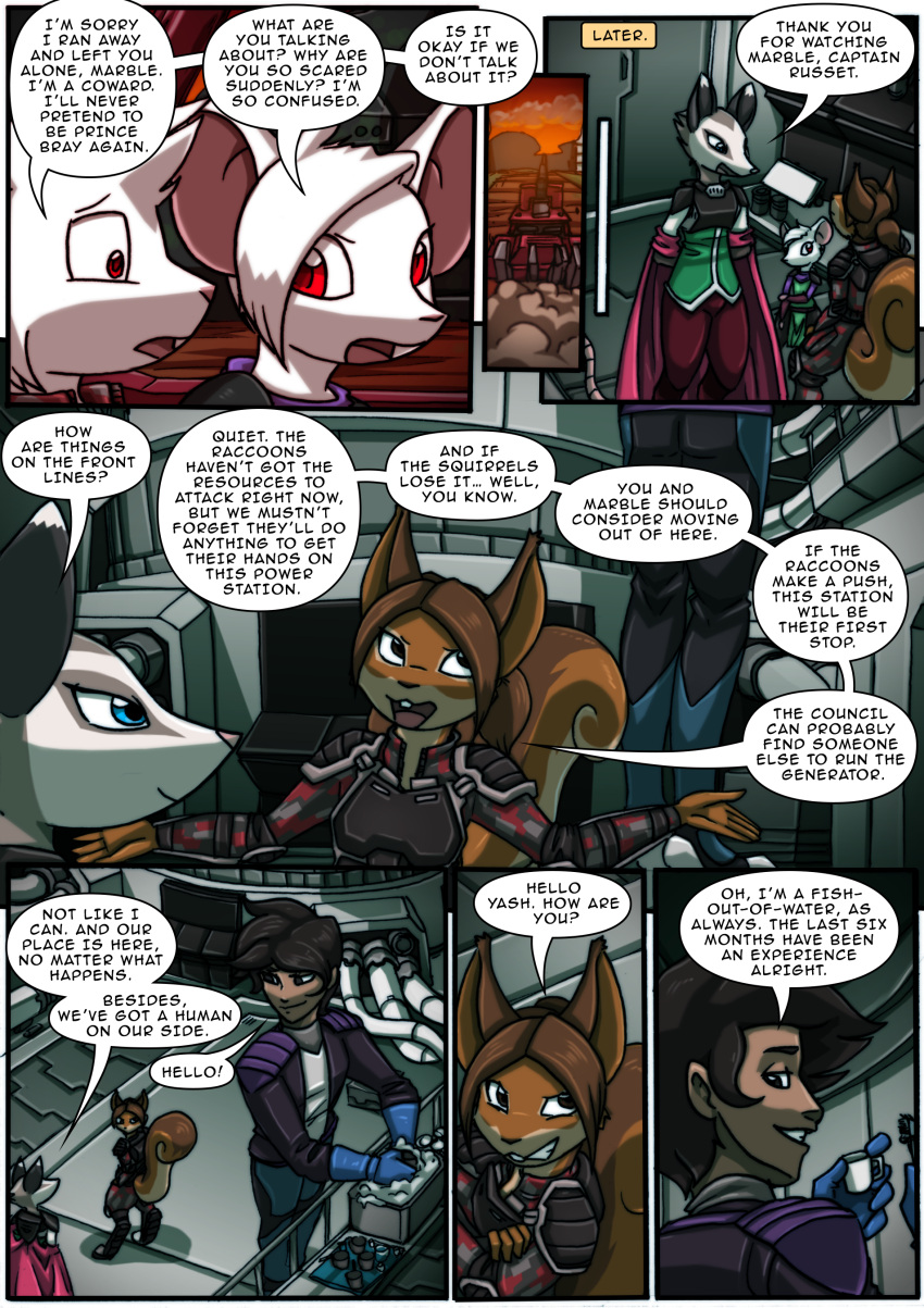 absurd_res anthro armor clothing comic didelphid english_text female hi_res...