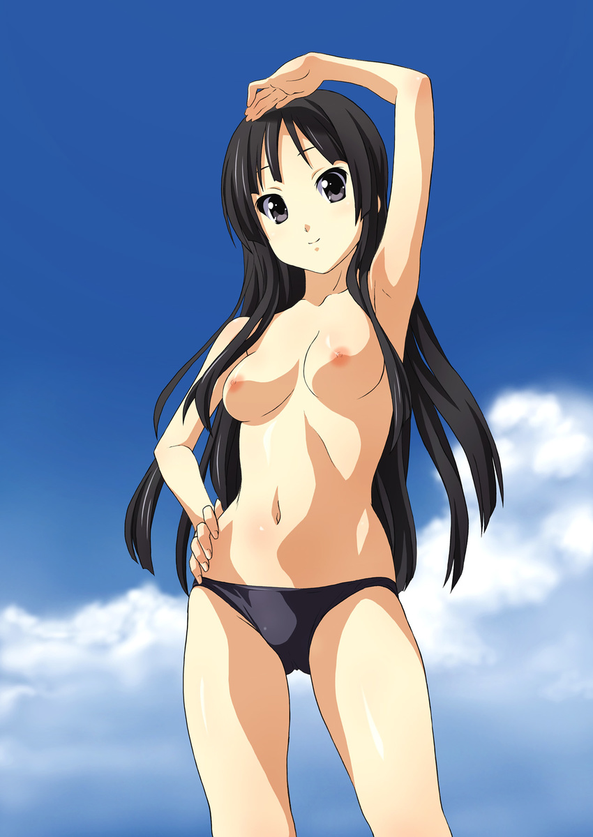 akiyama_mio armpits black_bikini_bottom black_hair blush breasts day highre...