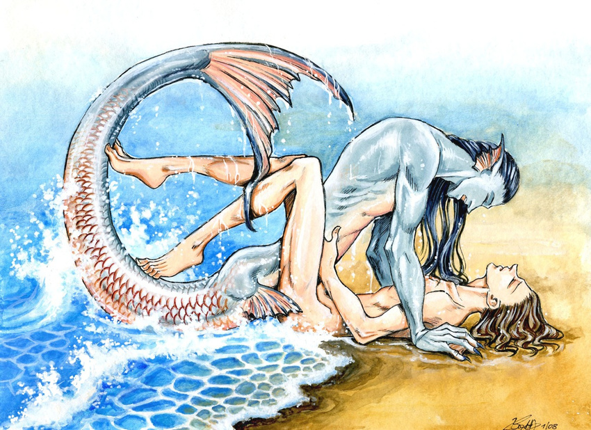 blue_body blue_scales connychiwa couple gay hair human interspecies long_ha...