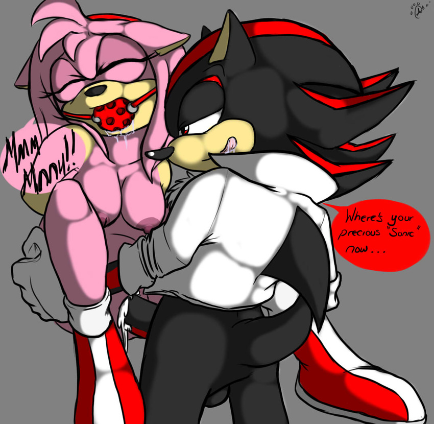 amy_rose anthro ball_gag black_hair boots breasts chest_tuft clothing cum c...