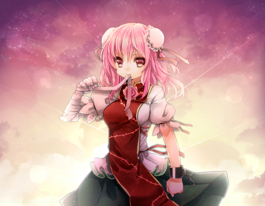 Anime girl with pink hair and red eyes