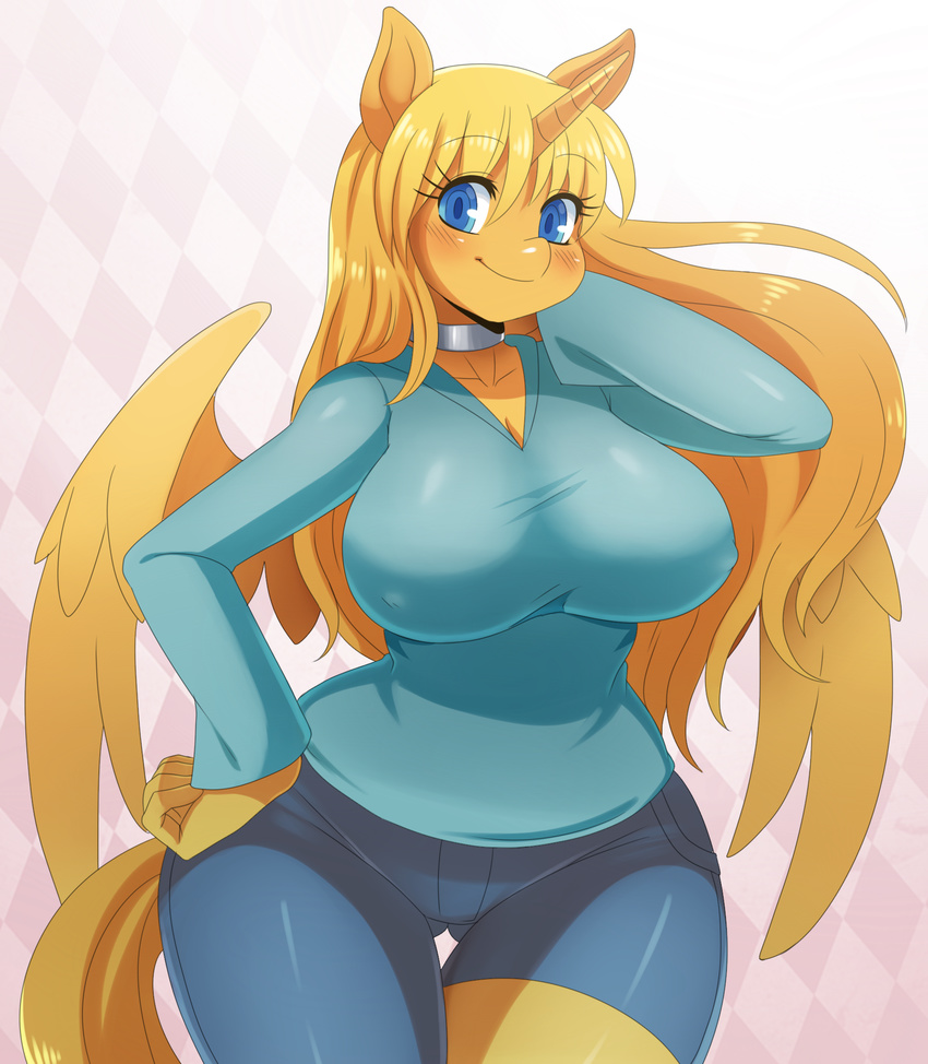 abstract_background anthro big_breasts blonde_hair blue_eyes blush breasts ...