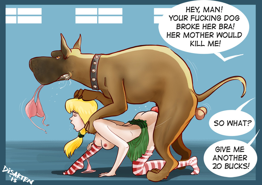 all_fours animal_genitalia balls bestiality blonde_hair breasts canine cani...