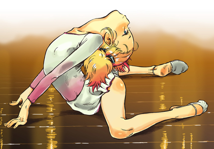arched_back bad_hands blonde_hair blue_eyes bow contortion flexible full_bo...