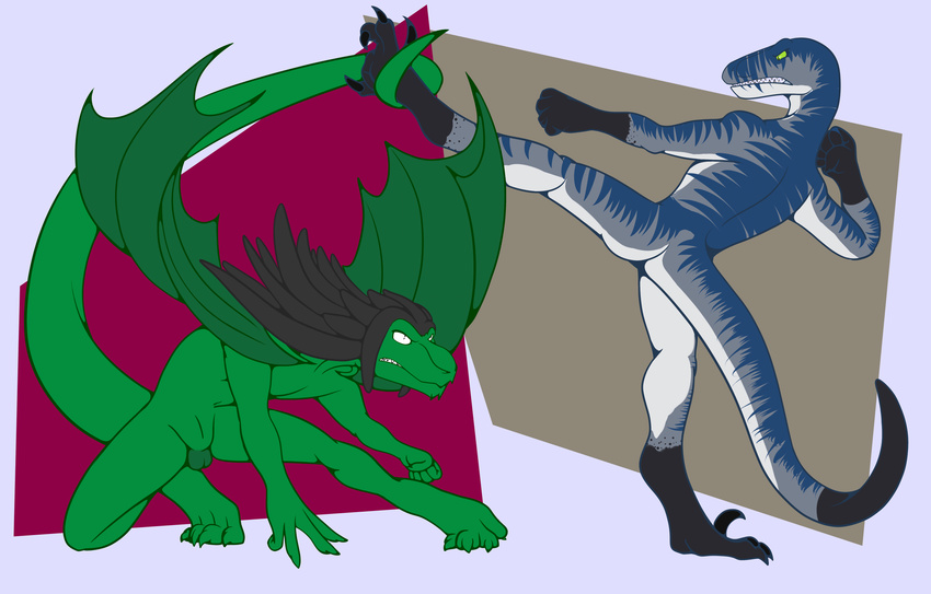 ...(artwork) dinosaur dreadlocks duo fight genital_slit hi_res lizard male ...