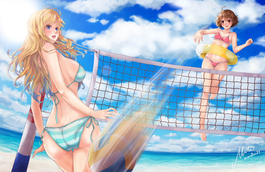 ...long_hair looking_back midori_matsui multiple_girls navel ocean original...