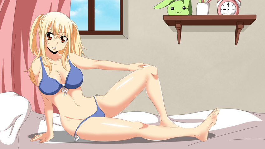 1girl bed blonde_hair bra breasts fairy_tail female large_breasts lingerie ...