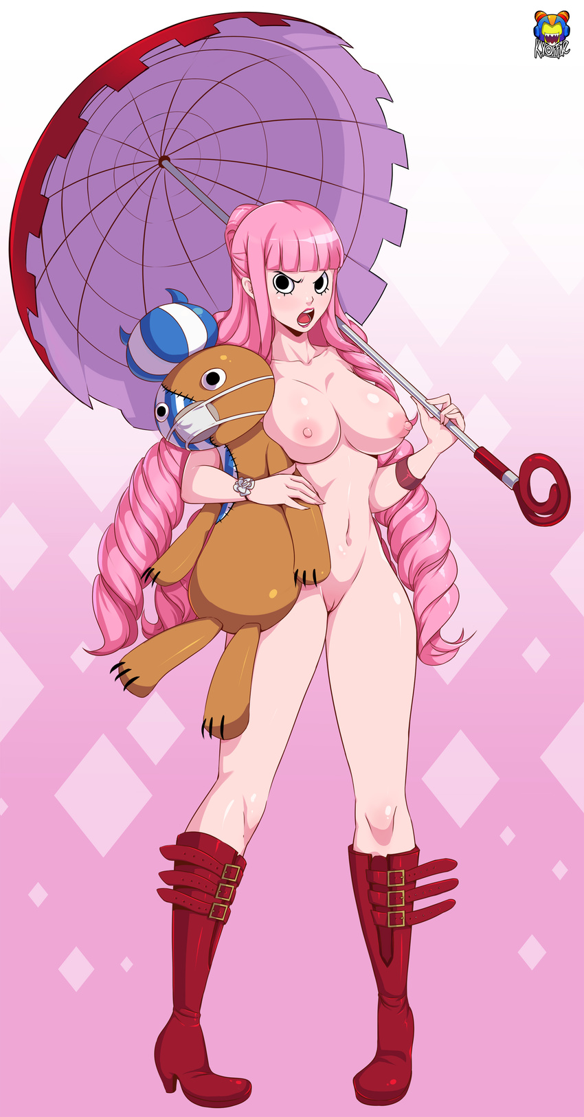blush boots breasts female kyoffie nipples nude one_piece open_mouth perona pink_...