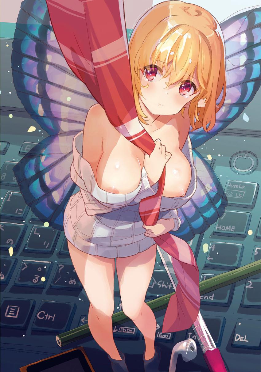 (computer) large_breasts minigirl necktie nipple_slip nipples no_bra... 