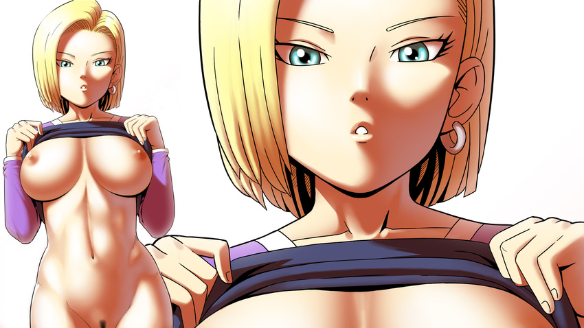 :o android_18 apostle blonde_hair blue_eyes bottomless breasts collarbone d...