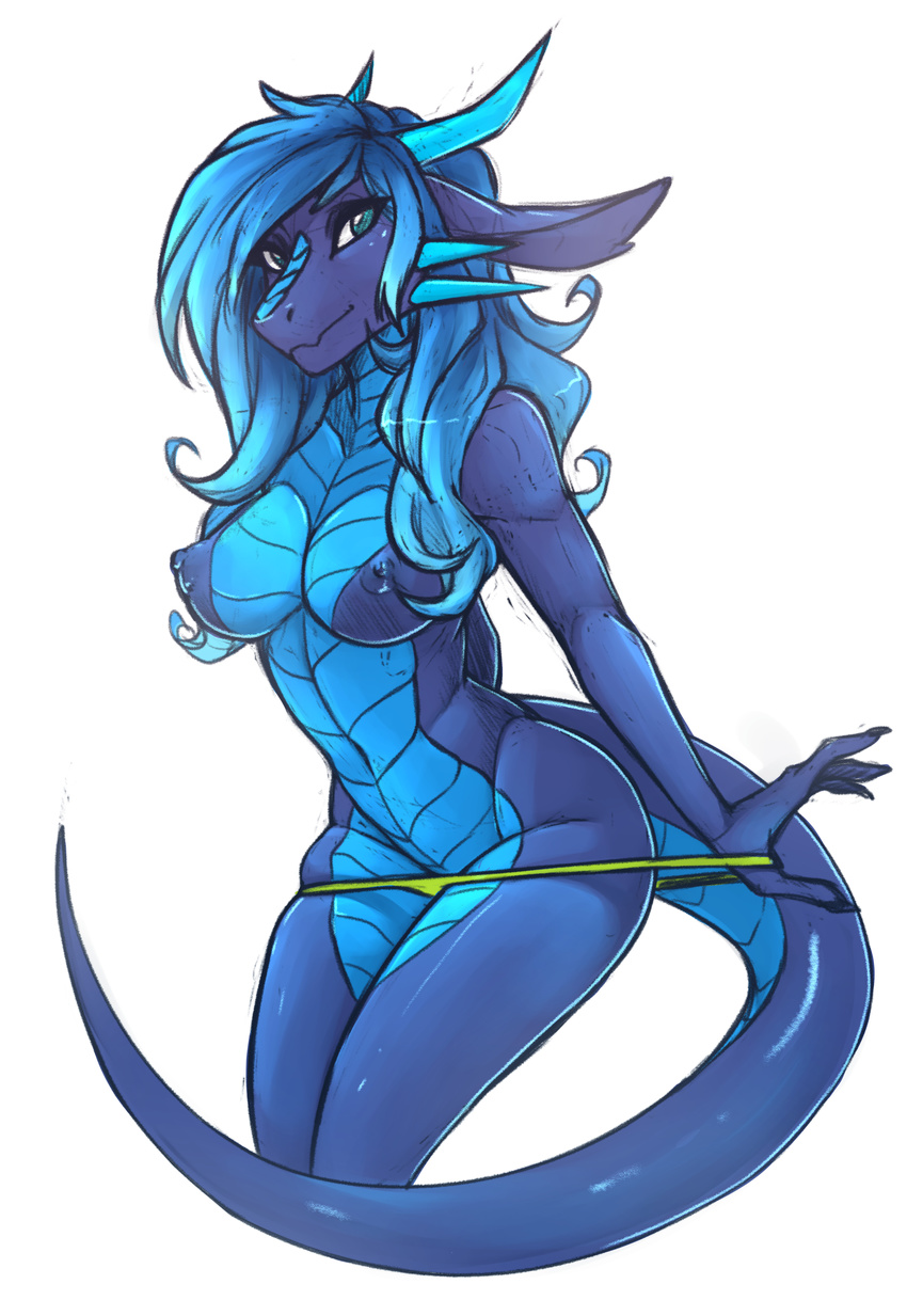 4_fingers anthro blue_eyes blue_hair blue_scales breasts clothed clothing d...