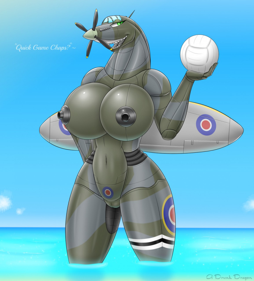 aircraft areola ball beach beach_ball big_breasts breasts dialogue english_...