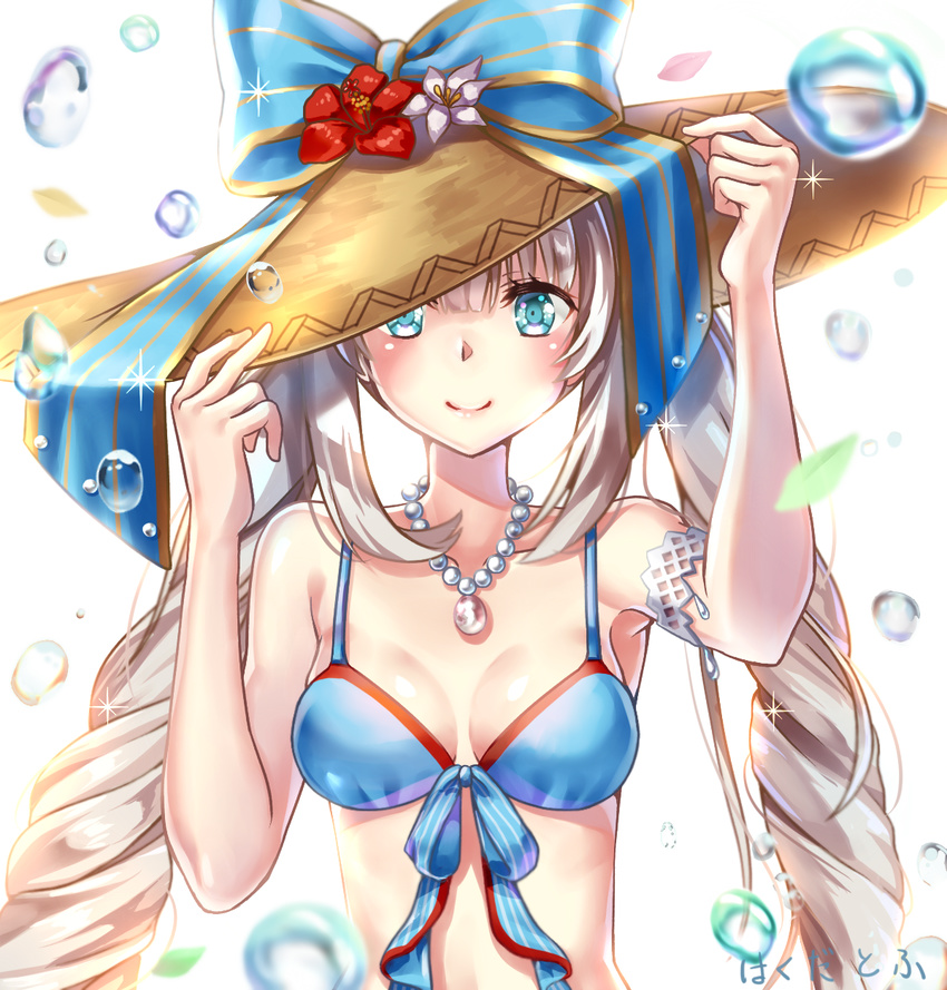 1girl adjusting_clothes adjusting_headwear armlet armpits bare_arms bare_shoulders bikini bikini_top_only blue_bikini blue_bow blue_eyes blue_ribbon bow breasts brown_hat bubble cleavage closed_mouth commentary_request fate/grand_order fate_(series) flower front-tie_bikini_top front-tie_top grey_hair hakuda_tofu hands_on_headwear hands_up hat hat_bow hibiscus highres jewelry lips long_hair looking_at_viewer marie_antoinette_(fate) marie_antoinette_(swimsuit_caster)_(fate) marie_antoinette_(swimsuit_caster)_(third_ascension)_(fate) medium_breasts necklace pearl_necklace ribbon simple_background smile solo striped striped_bow sun_hat swimsuit tareme twintails upper_body very_long_hair white_background