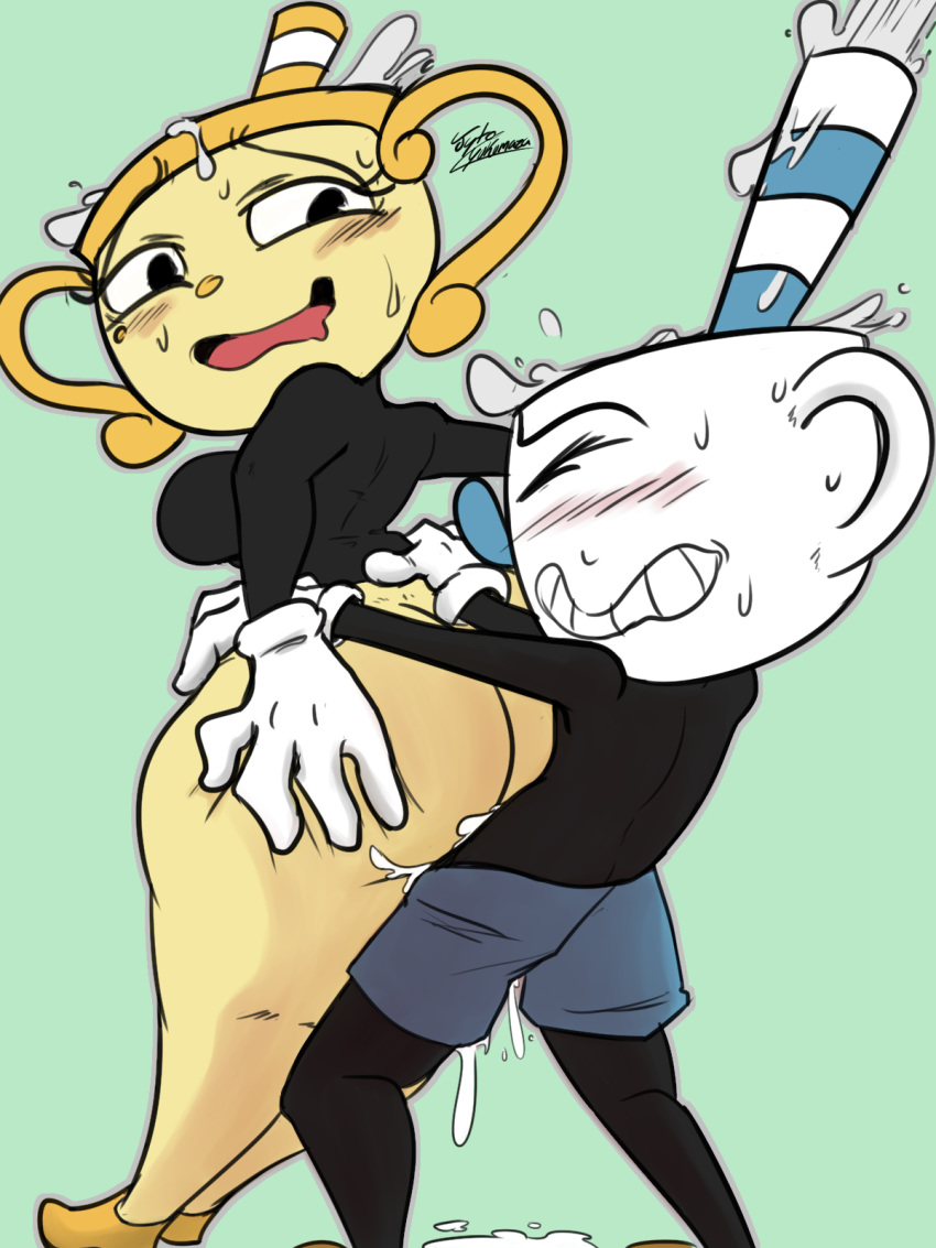 animate_inanimate blush breasts butt chalice clothing cum cup cuphead(chara...