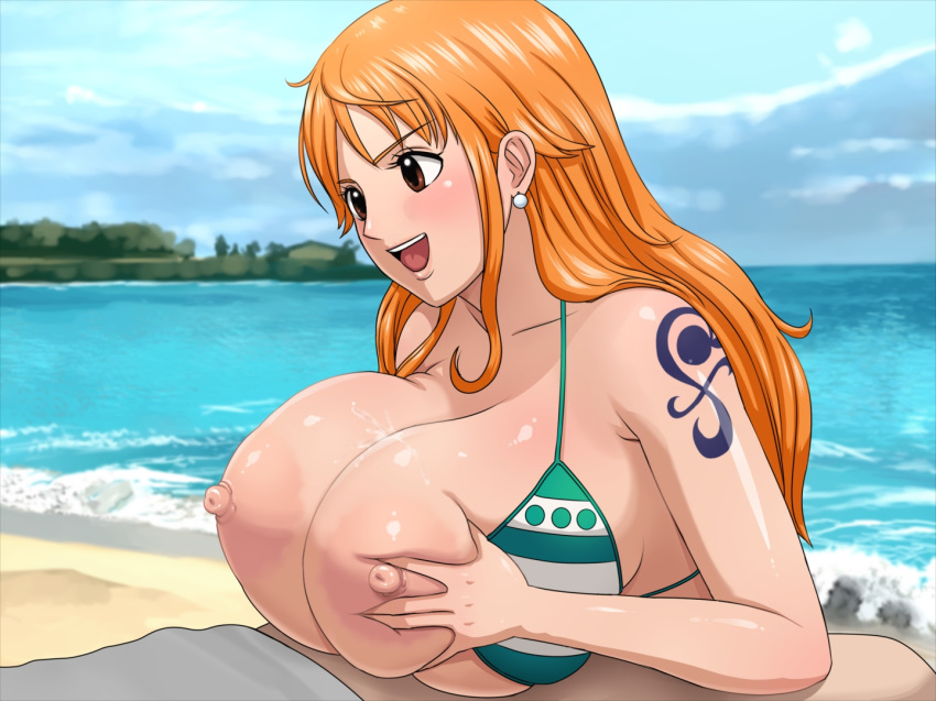 ...cloudy_sky earrings falchion highres huge_breasts large_areolae long_hai...