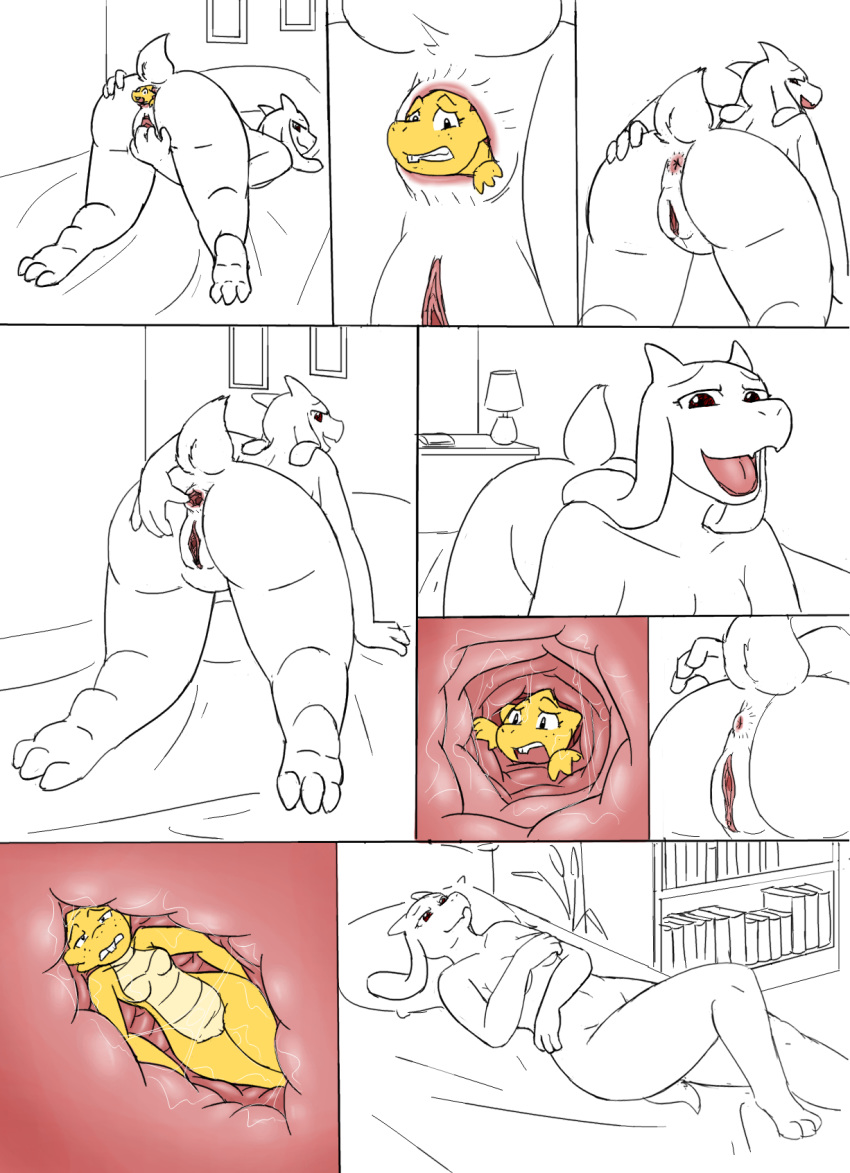 alphys anal_vore anus bed bedroom caprine female female_pred female_prey go...