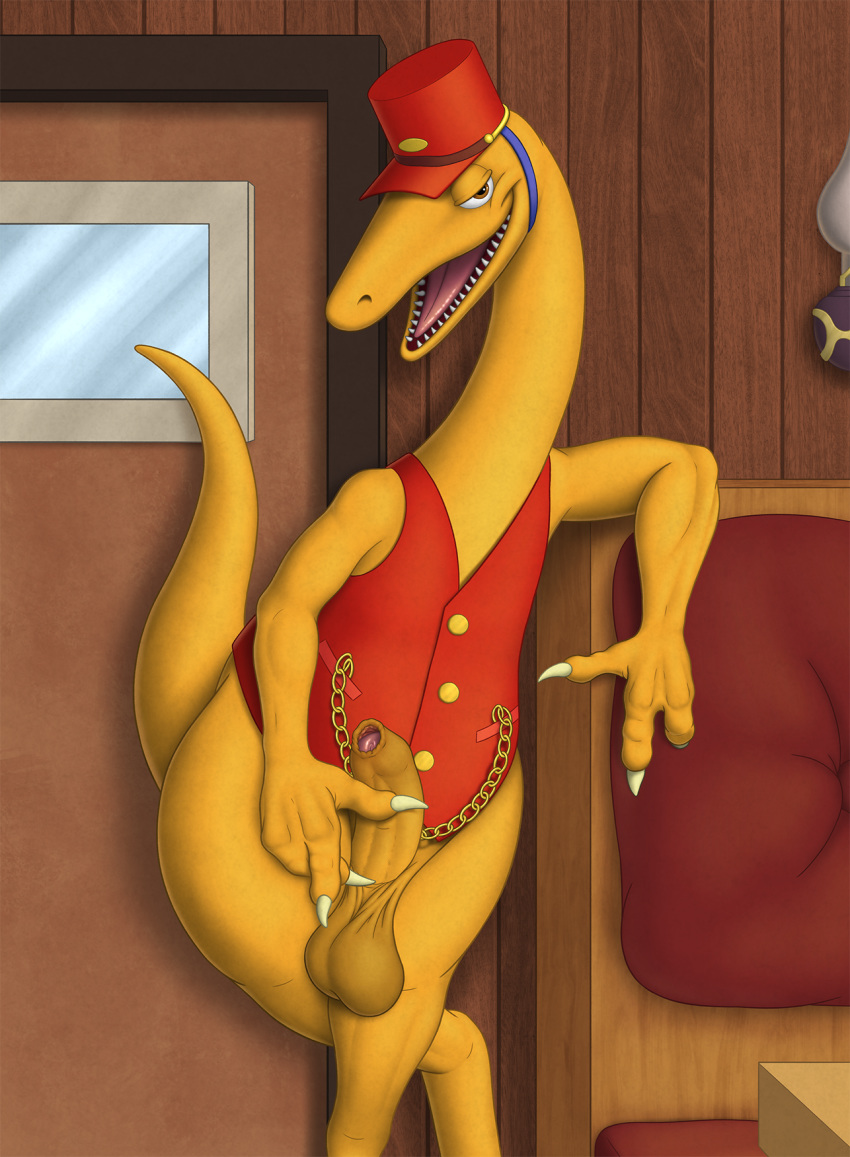 anthro balls bottomless claws clothed clothing darkened_genitals dinosaur d...