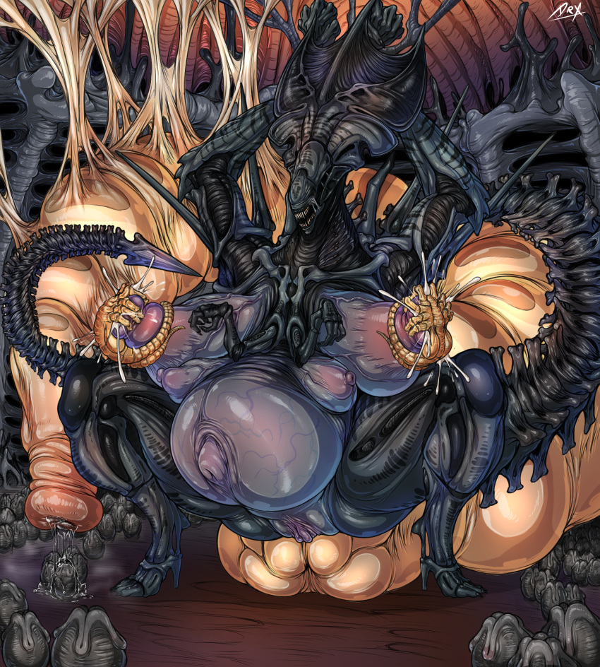 alien alien(franchise) belly big_belly big_breasts birth breasts bulge claw...