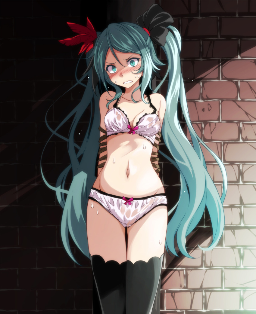...bra breasts brick_wall feathers groin hair_feathers hatsune_miku highres...