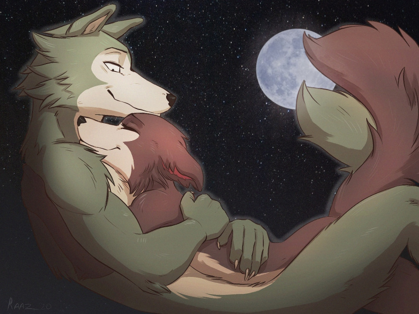 green_fur hug juno(beastars) legoshi(beastars) male male/female mammal moon...