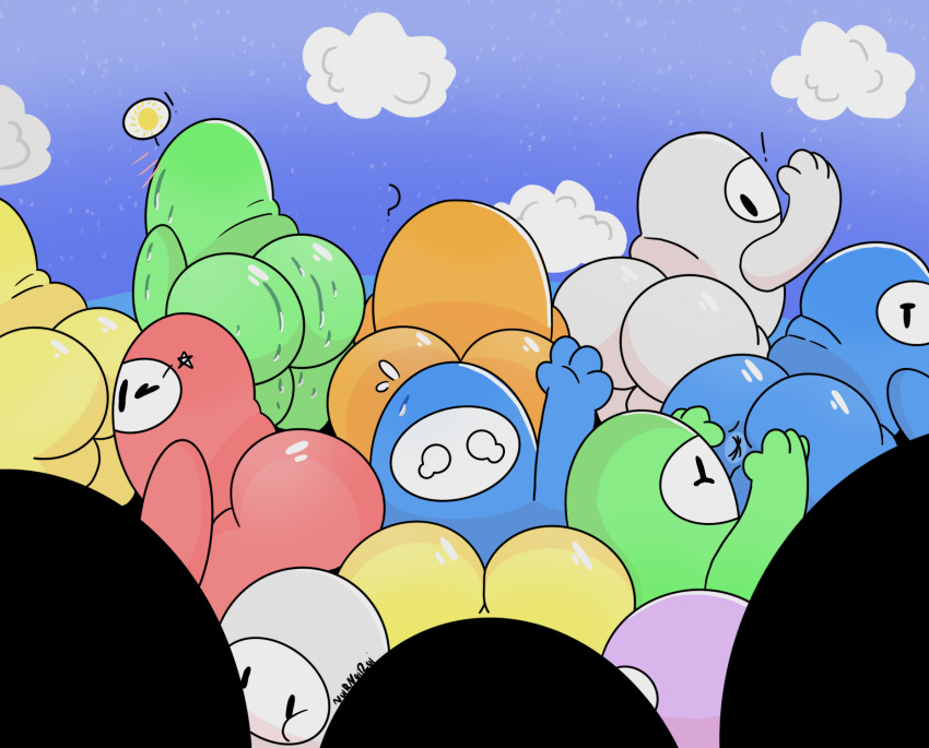 ...bent_over between_butts big_butt black_eyes blue_body bodily_fluids butt...