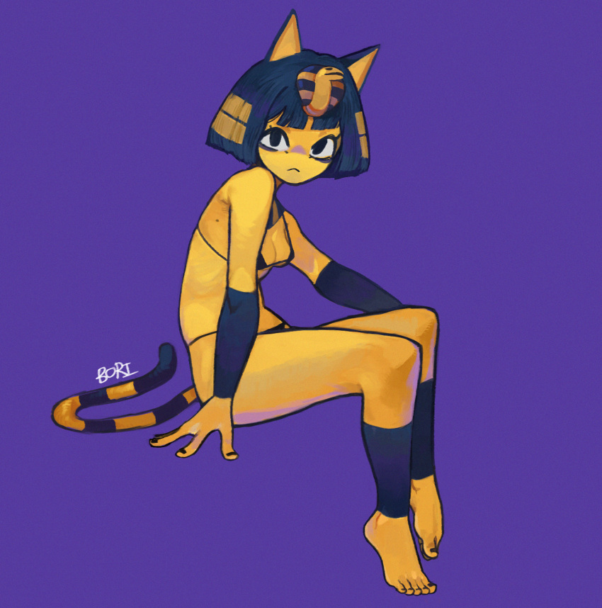 bikini black_bikini black_hair black_nails blunt_bangs boridongja breasts c...