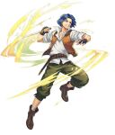  1boy belt black_footwear black_gloves blue_eyes blue_hair boots brown_belt dagger fingerless_gloves fire_emblem fire_emblem:_thracia_776 fire_emblem_heroes full_body gloves grey_pants grin holding holding_dagger holding_knife holding_weapon knife official_art otorihara pants perne_(fire_emblem) smile third-party_source weapon 