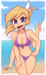  1girl bad_source bikini blonde_hair blue_eyes breasts cloud collarbone extra_arms fangs highres large_breasts long_hair looking_at_viewer navel neck nelly_(xyronii) nose ocean open_mouth original ponytail sky smile solo swimsuit thighs tounge xyronii 