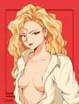  1girl blonde_hair breasts breasts_apart earrings golden_boy jewelry jokazard lipstick long_hair looking_at_viewer makeup medium_breasts no_bra onna_shachou open_clothes open_shirt red_background red_lips shirt signature simple_background solo white_shirt 