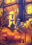  bad_id bad_pixiv_id black_hair blonde_hair cirno door halloween hand_on_headwear hat hat_tip highres jack-o'-lantern kirisame_marisa lamppost light luna_child multiple_girls mystia_lorelei mystia_lorelei_(bird) night pumpkin star_sapphire sunny_milk touhou when_you_see_it wingedleek wings witch_hat 