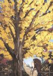  1girl absurdres arm_up autumn autumn_leaves backpack bag brown_hair ginkgo_tree highres looking_up medium_hair original sasaxxxx06 solo 