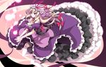  blonde_hair bow breasts cleavage dress frilled_dress frills garter_straps glowing hair_bow hat lace long_hair medium_breasts outstretched_hand purple_eyes reina_(black_spider) ribbon solo thighhighs touhou white_legwear yakumo_yukari 